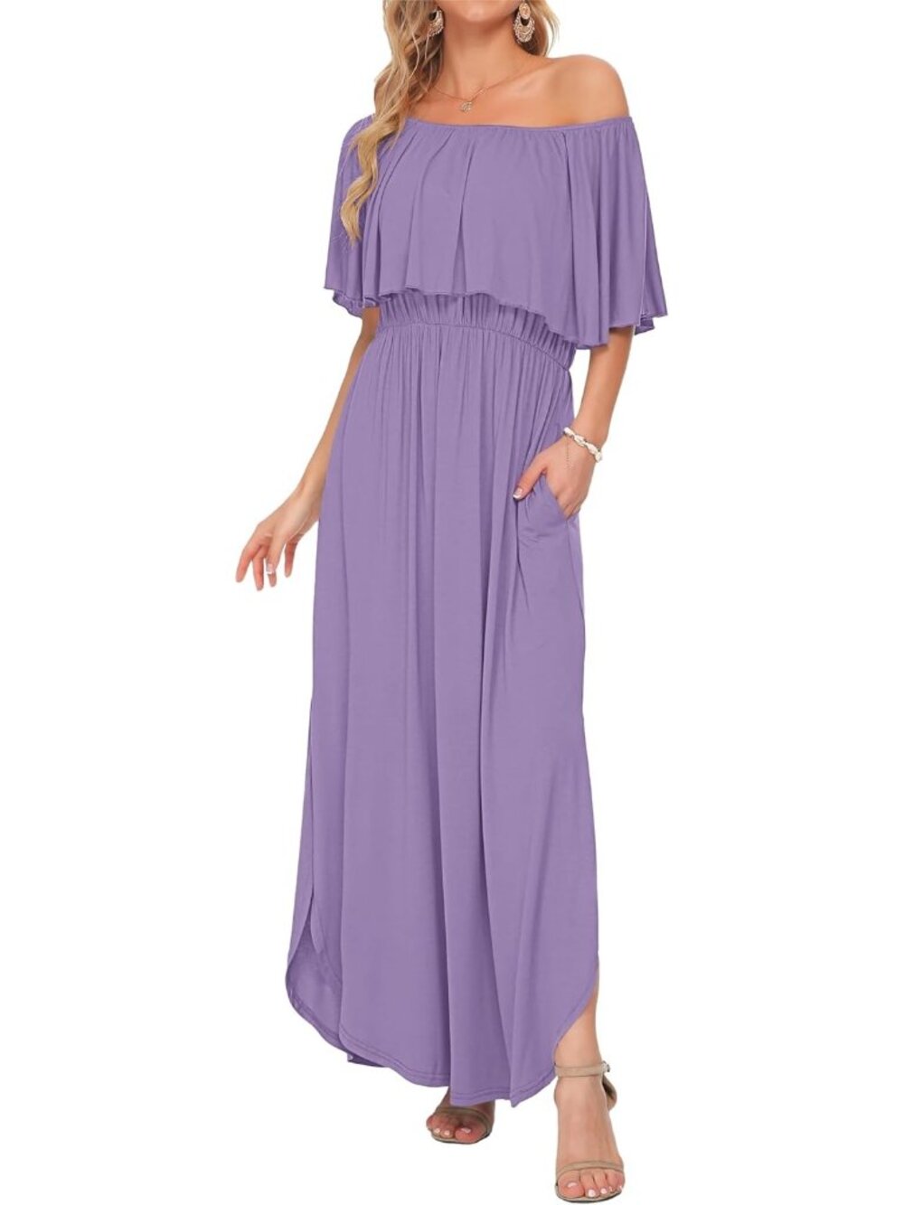 Women's Purple Summer Dress Off The Shoulder Strapless Maxi Dress Ruffle Pockets